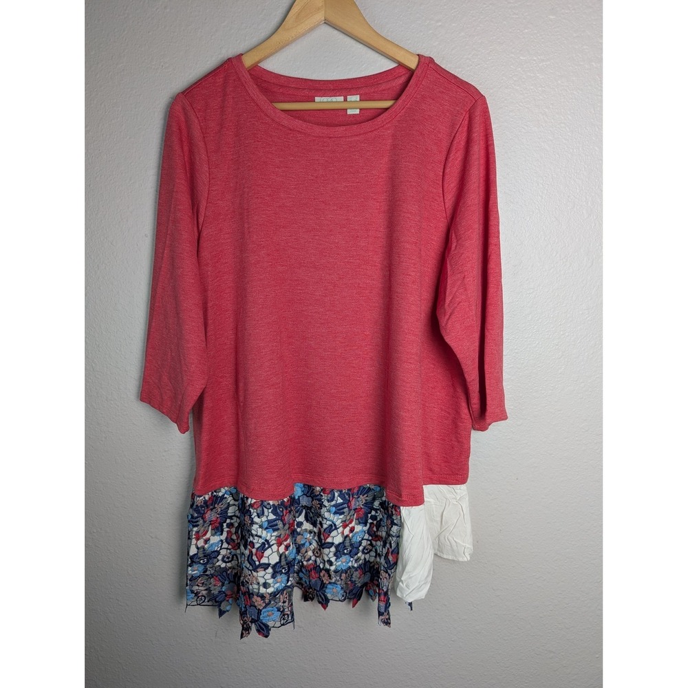 LOUNGE Tunic T-Shirt Womens 1X Pink 3/4‎ Sleeve Embroidered Lined Stretch